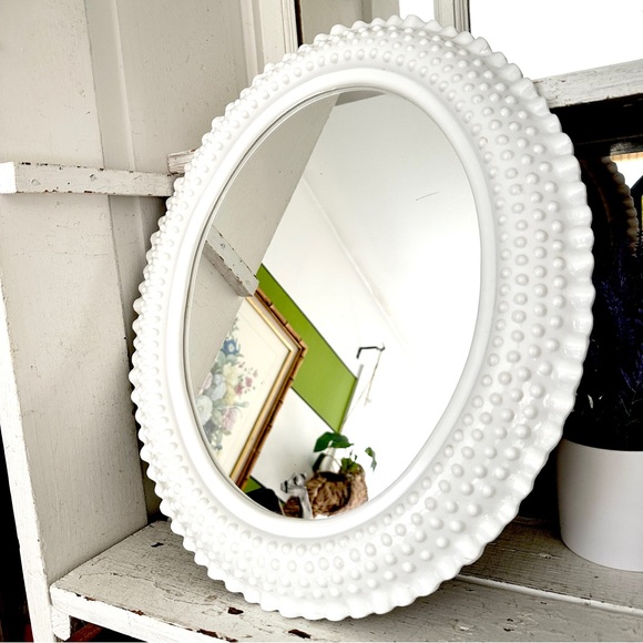 Vintage Other - Vintage Wall Oval Mirror Milk Glass Look Hob Nails Plastic White Frame 17.5x15”